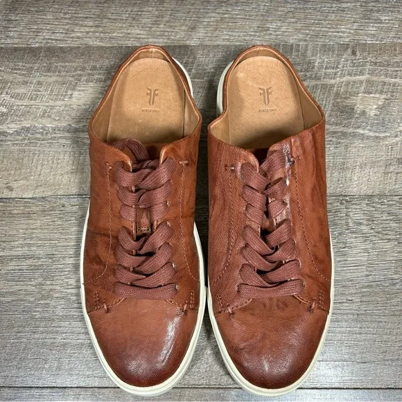 Frye Ivy Low Lace Mule Sneakers Shoes Womens 9 M Cognac Brown Leather Slip On