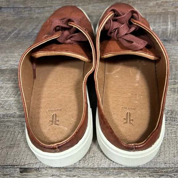 Frye Ivy Low Lace Mule Sneakers Shoes Womens 9 M Cognac Brown Leather Slip On
