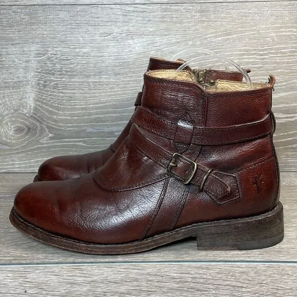 Frye Jayden Cross Strap Dark Brown Leather Women’s Sz 6B Side Zip Ankle Boots