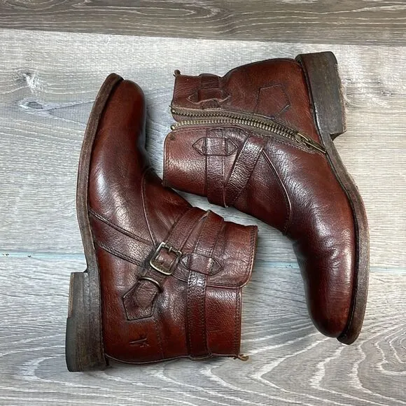 Frye Jayden Cross Strap Dark Brown Leather Women’s Sz 6B Side Zip Ankle Boots