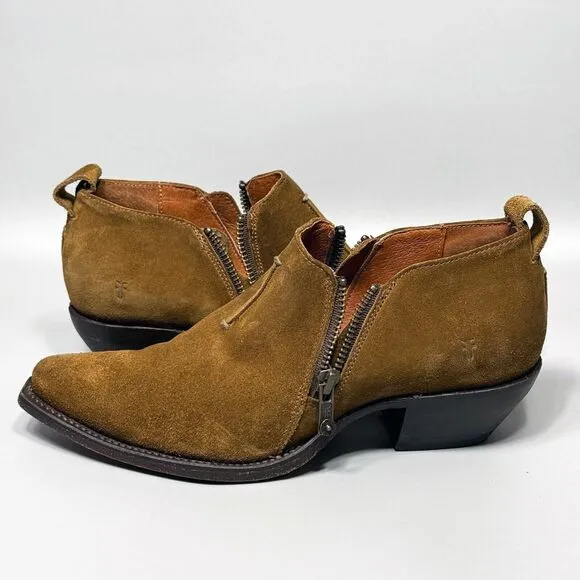 Frye Sacha Moto Shortie Womens Size 7 Ankle Booties Brown Suede Dual Zip