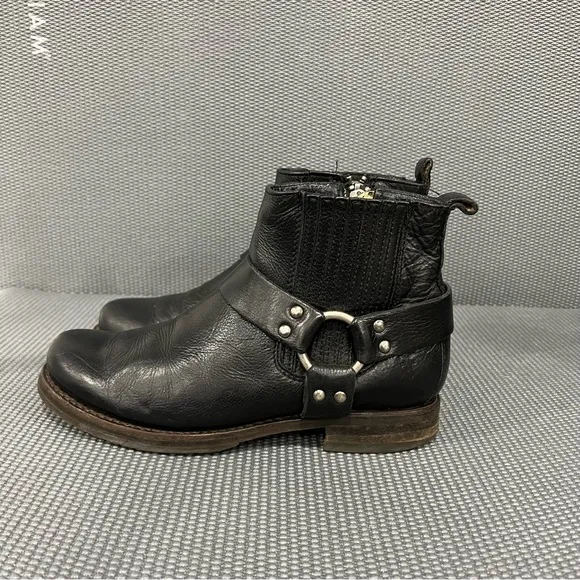 Frye Veronica Harness Short Ankle Boots‎ Side Zip Black Leather Womens Size 6.5