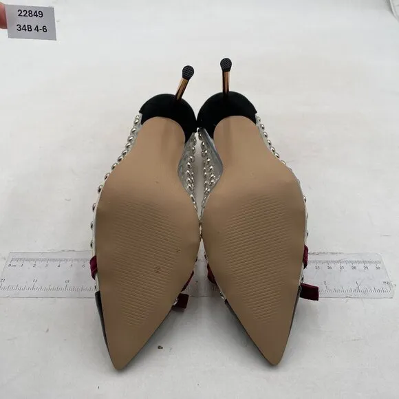 FSJ Women Studded Pointed Toe Transparent Pumps High Heels Shoes with Cute Bowkn
