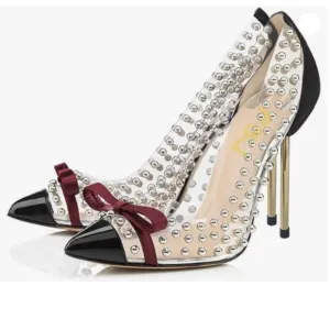 FSJ Women Studded Pointed Toe Transparent Pumps High Heels Shoes with Cute Bowkn
