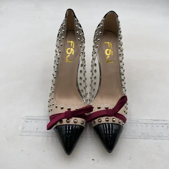 FSJ Women Studded Pointed Toe Transparent Pumps High Heels Shoes with Cute Bowkn