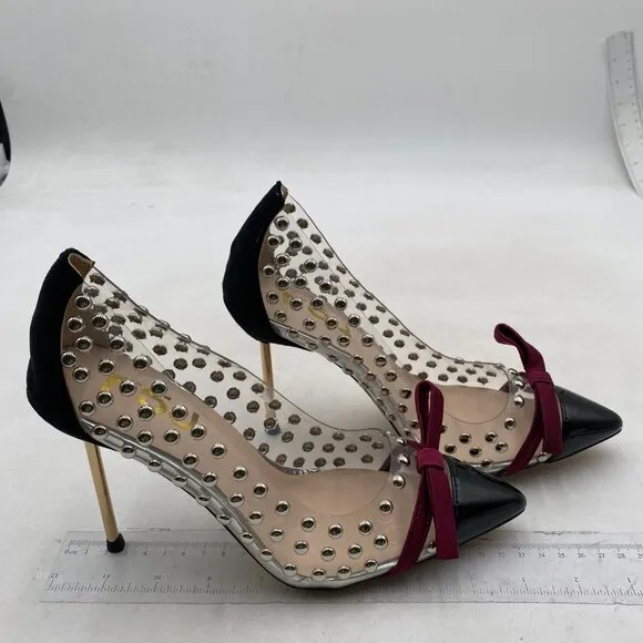 FSJ Women Studded Pointed Toe Transparent Pumps High Heels Shoes with Cute Bowkn