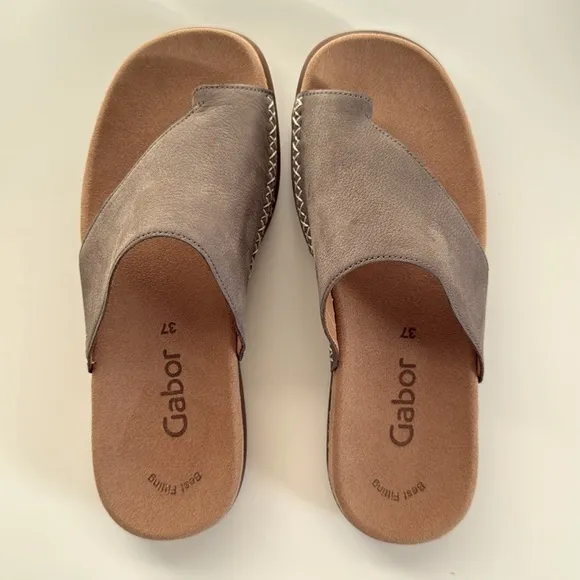 Gabor Women's Toe-Loop Slip On Gray/Taupe Suede Comfort Slide Sandals 37/7
