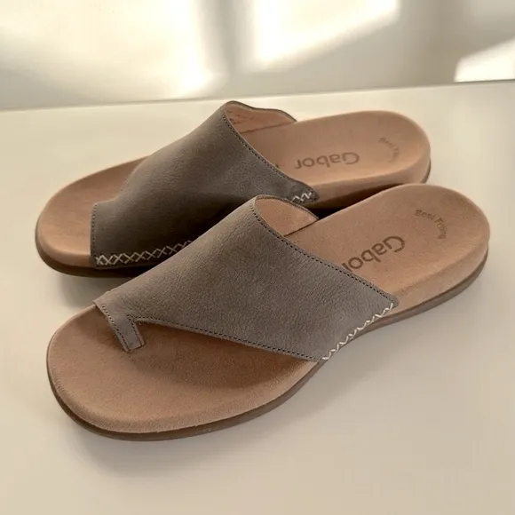 Gabor Women's Toe-Loop Slip On Gray/Taupe Suede Comfort Slide Sandals 37/7