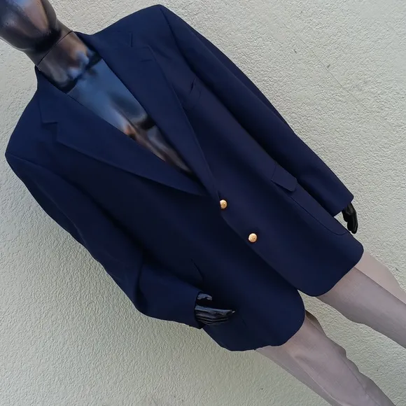 GARRISON PARK MEN'S VINTAGE PURE WOOL NAVY BLUE BLAZER W/GOLD BUTTON ACCENTS