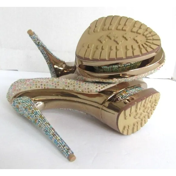 Gianmarco Lorenz High Heels Blue Rhinestone Crystal Pumps Shoes Size US 8