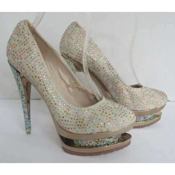 Gianmarco Lorenz High Heels Blue Rhinestone Crystal Pumps Shoes Size US 8