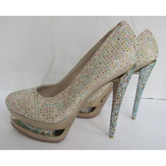 Gianmarco Lorenz High Heels Blue Rhinestone Crystal Pumps Shoes Size US 8