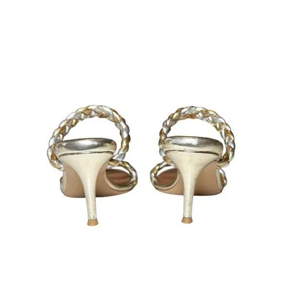 Gianvito Rossi Marley Metallic Braided Leather Slides Heels Sandals Size 37.5