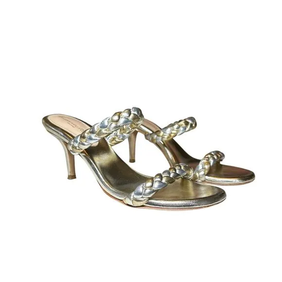 Gianvito Rossi Marley Metallic Braided Leather Slides Heels Sandals Size 37.5