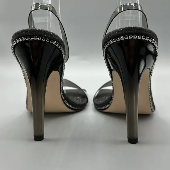 Good American Black Glitter Jeweled Strappy High Heels Square Toe Women's Size 7