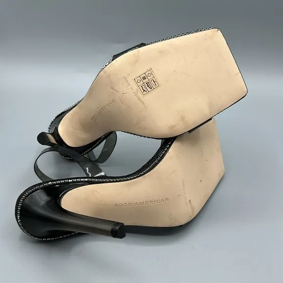 Good American Black Glitter Jeweled Strappy High Heels Square Toe Women's Size 7