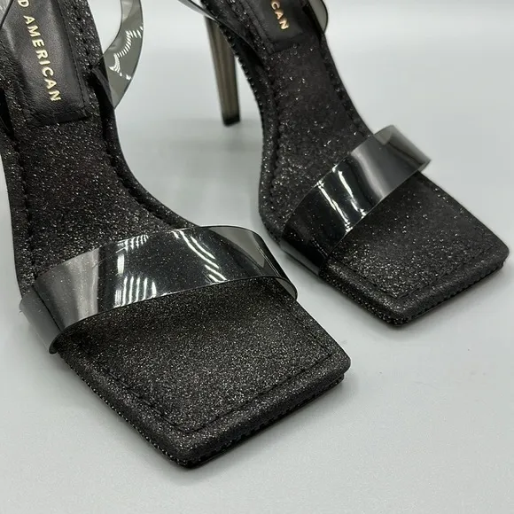 Good American Black Glitter Jeweled Strappy High Heels Square Toe Women's Size 7