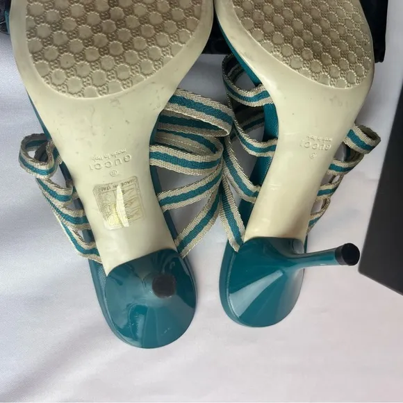 Gucci Teal Blue Fabric and Leather Mirabelle Slide Sandals Shoes Spring Size 36
