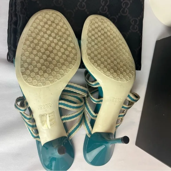 Gucci Teal Blue Fabric and Leather Mirabelle Slide Sandals Shoes Spring Size 36