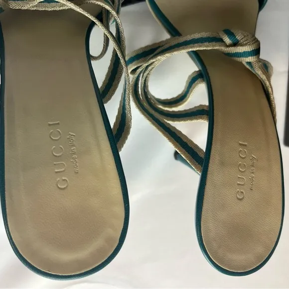 Gucci Teal Blue Fabric and Leather Mirabelle Slide Sandals Shoes Spring Size 36
