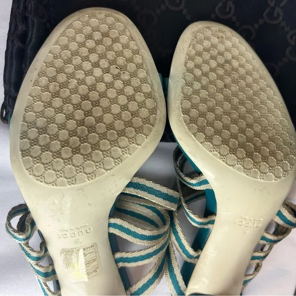 Gucci Teal Blue Fabric and Leather Mirabelle Slide Sandals Shoes Spring Size 36