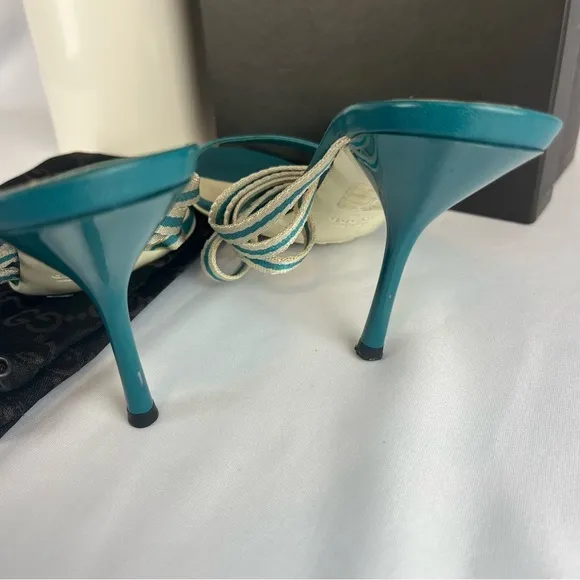 Gucci Teal Blue Fabric and Leather Mirabelle Slide Sandals Shoes Spring Size 36