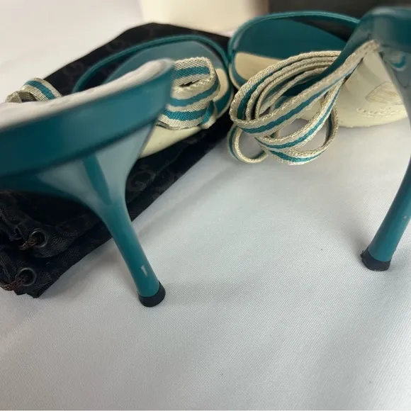 Gucci Teal Blue Fabric and Leather Mirabelle Slide Sandals Shoes Spring Size 36