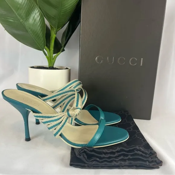 Gucci Teal Blue Fabric and Leather Mirabelle Slide Sandals Shoes Spring Size 36