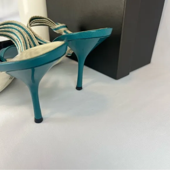 Gucci Teal Blue Fabric and Leather Mirabelle Slide Sandals Shoes Spring Size 36