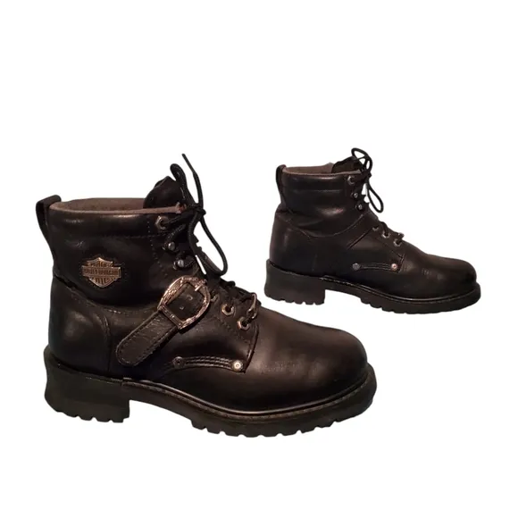 Harley Davidson Black Leather Harness Ankle Moto Riding Boots Women's Size 10