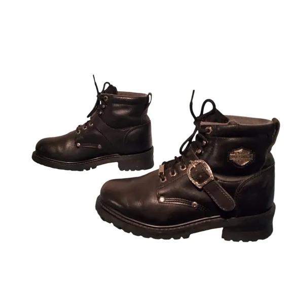 Harley Davidson Black Leather Harness Ankle Moto Riding Boots Women's Size 10