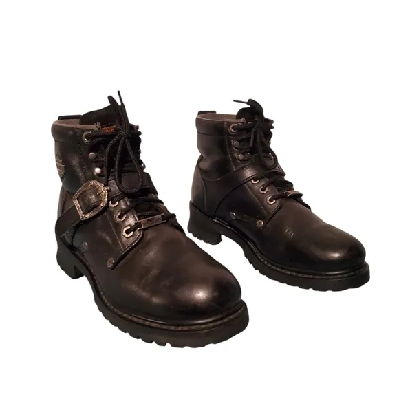 Harley Davidson Black Leather Harness Ankle Moto Riding Boots Women's Size 10