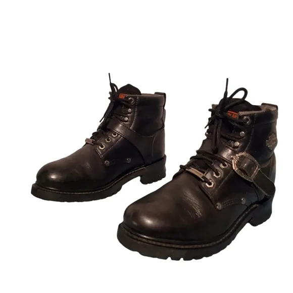 Harley Davidson Black Leather Harness Ankle Moto Riding Boots Women's Size 10