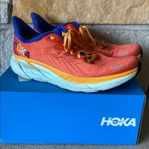 Hoka Men’s Clifton 8 Orange and Blue Running Shoes 10.5D