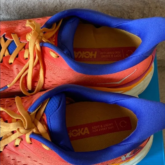 Hoka Men’s Clifton 8 Orange and Blue Running Shoes 10.5D