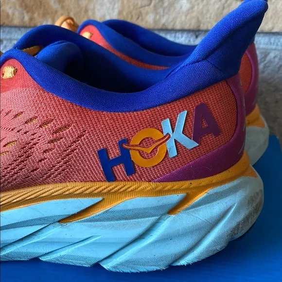 Hoka Men’s Clifton 8 Orange and Blue Running Shoes 10.5D