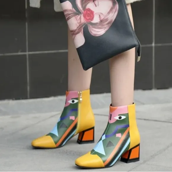 Holly Ankle Printed Abstract Boot Yellow &amp; Green