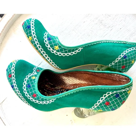 IRREGULAR CHOICE Turquoise Mint Suede Pumps w/ Lucite Heels - 9 1/2
