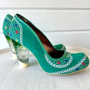 IRREGULAR CHOICE Turquoise Mint Suede Pumps w/ Lucite Heels - 9 1/2