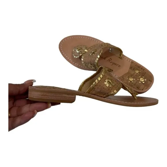 Jack Rogers Womens 6M Gold Cork Leather Sandal Slip-On 1'' Block Comfort Heeled