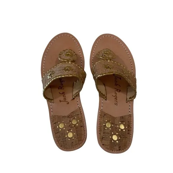 Jack Rogers Womens 6M Gold Cork Leather Sandal Slip-On 1'' Block Comfort Heeled