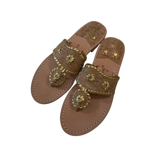 Jack Rogers Womens 6M Gold Cork Leather Sandal Slip-On 1'' Block Comfort Heeled