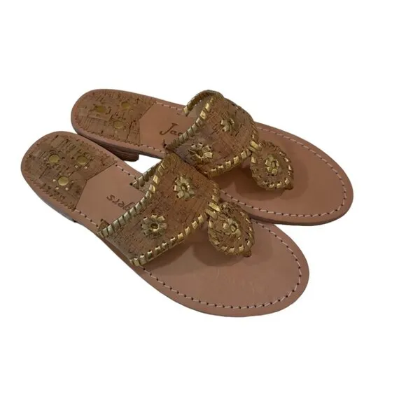 Jack Rogers Womens 6M Gold Cork Leather Sandal Slip-On 1'' Block Comfort Heeled