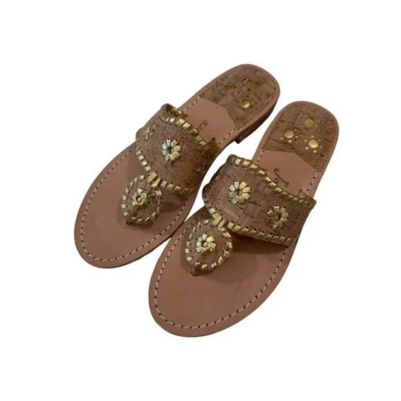 Jack Rogers Womens 6M Gold Cork Leather Sandal Slip-On 1'' Block Comfort Heeled
