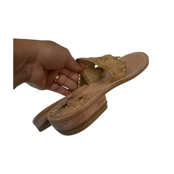 Jack Rogers Womens 6M Gold Cork Leather Sandal Slip-On 1'' Block Comfort Heeled