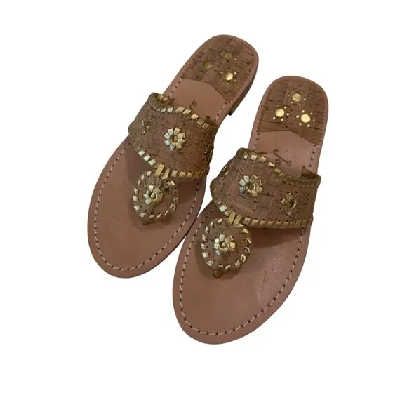 Jack Rogers Womens 6M Gold Cork Leather Sandal Slip-On 1'' Block Comfort Heeled
