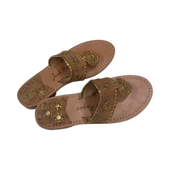Jack Rogers Womens 6M Gold Cork Leather Sandal Slip-On 1'' Block Comfort Heeled