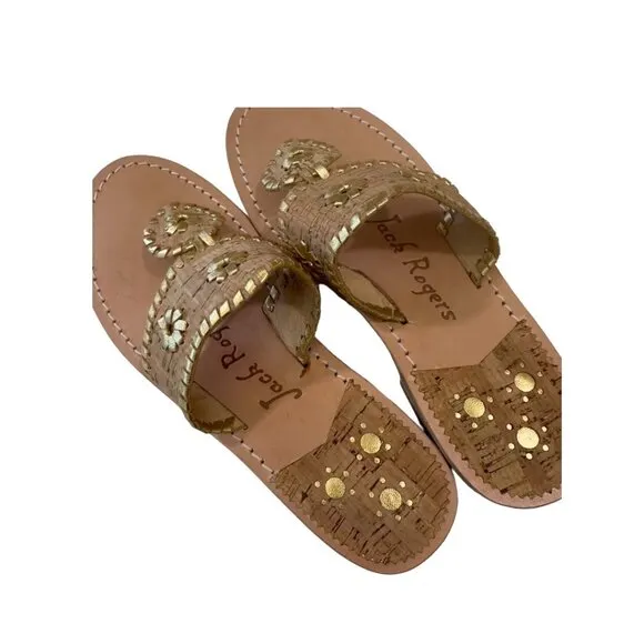 Jack Rogers Womens 6M Gold Cork Leather Sandal Slip-On 1'' Block Comfort Heeled