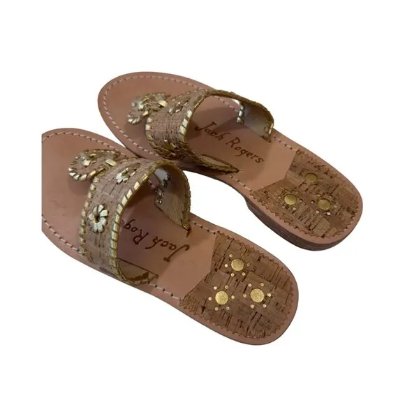 Jack Rogers Womens 6M Gold Cork Leather Sandal Slip-On 1'' Block Comfort Heeled