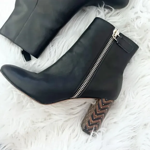 JAMES CHAN | Delia Black Ankle Boots Booties Herringbone Chevron | Size 8.5